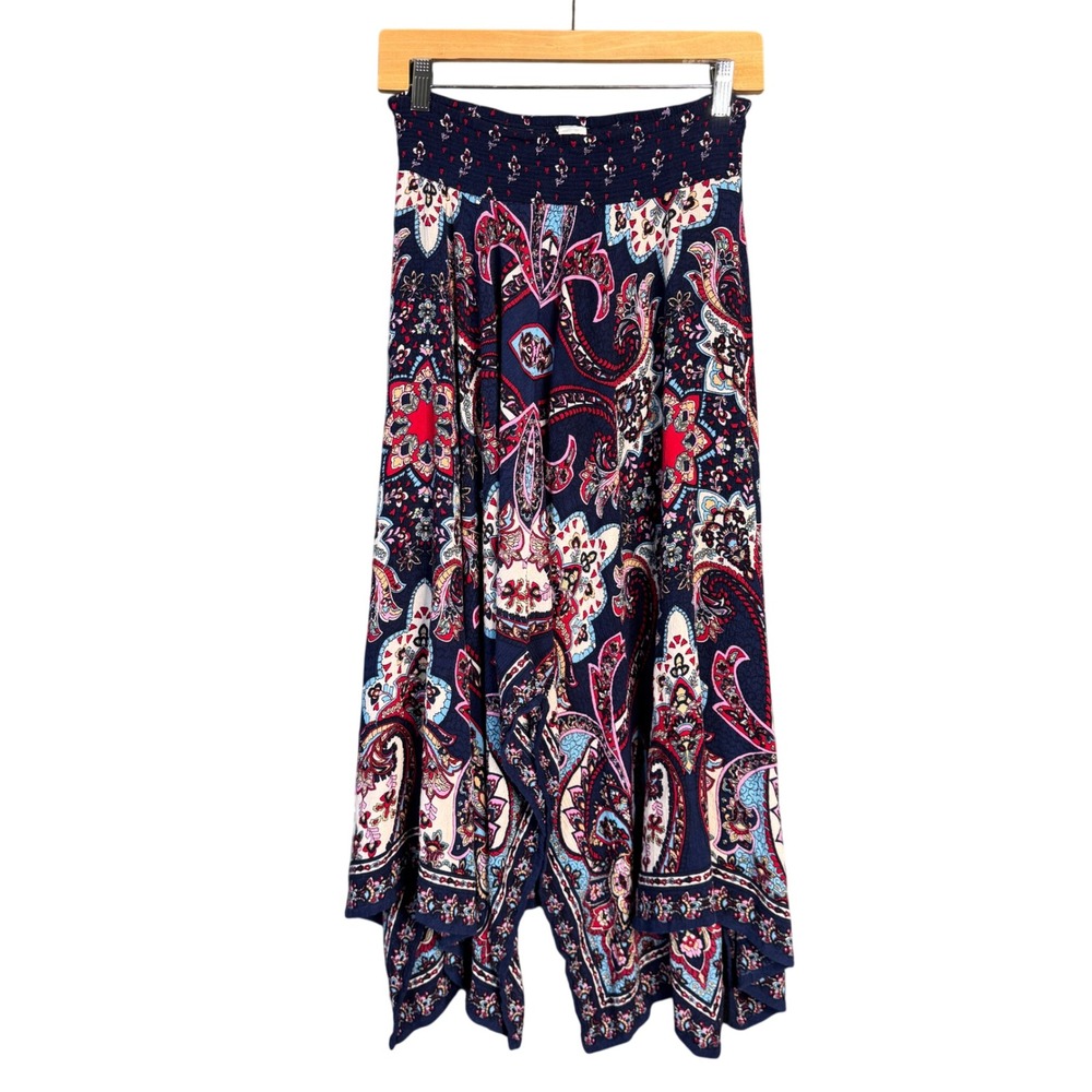 Bila Skirt Women M Blue Paisley Maxi Boho Festival Handkerchief Hem Flowy Hippie